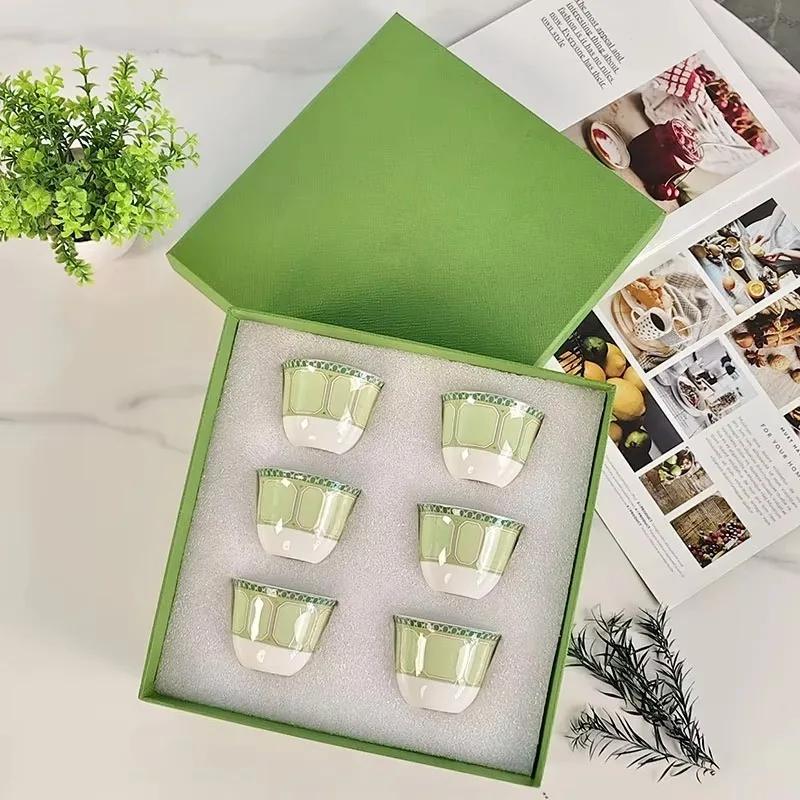 Elegant European Style Ceramic Teacup Gift Set 6 Pack Green Edge Porcelain Cups Household Tea Drinking Vessel