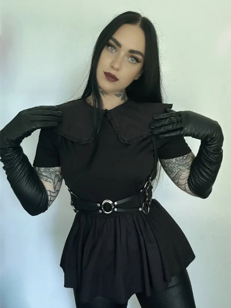 

Gothic Punk Doll Collar T-shirt Female Elegant Black Top Electronic Girl Street Clothes