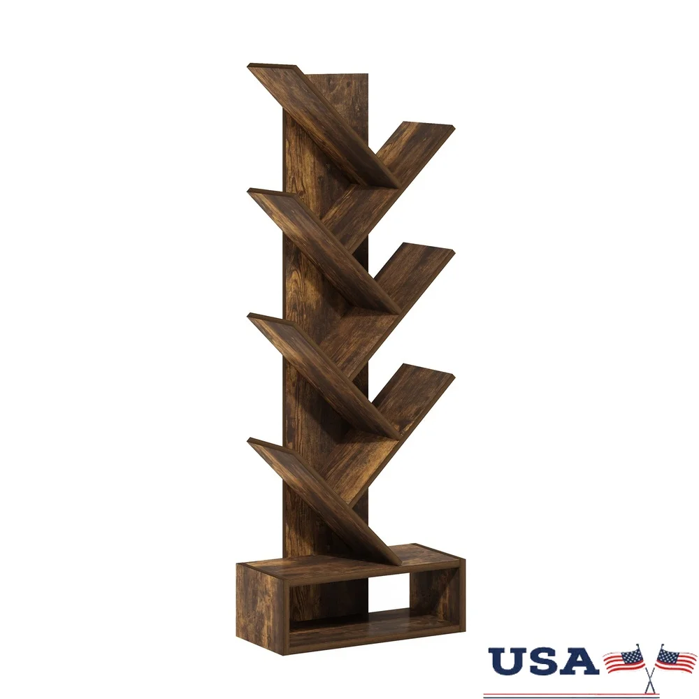 

7-Tier Tree Bookshelf Floor Standing Bookcase Nature-Inspired Design Display Stand Living Room Bedroom Home Office