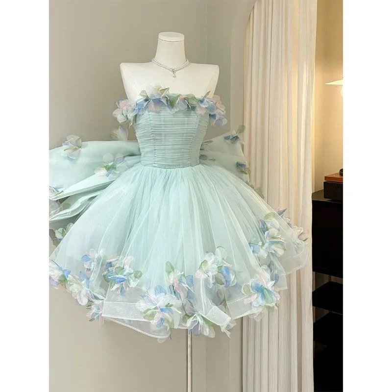 

2026 Summer Women's New Sexy Strapless Short Evening Dress Fashionable Slimming High-quality Banquet Mesh Fluffy Skirt