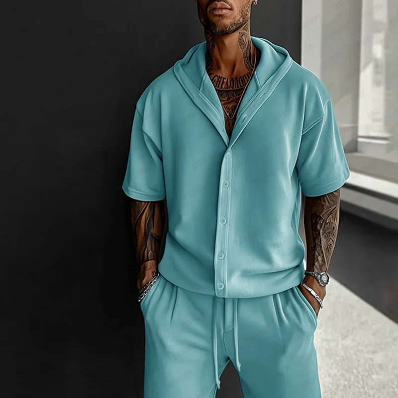 

Новый мужской повседневный спортивный костюм, весна-лето, дизайнерская рубашка с капюшоном и шорты, комплект из двух предметов