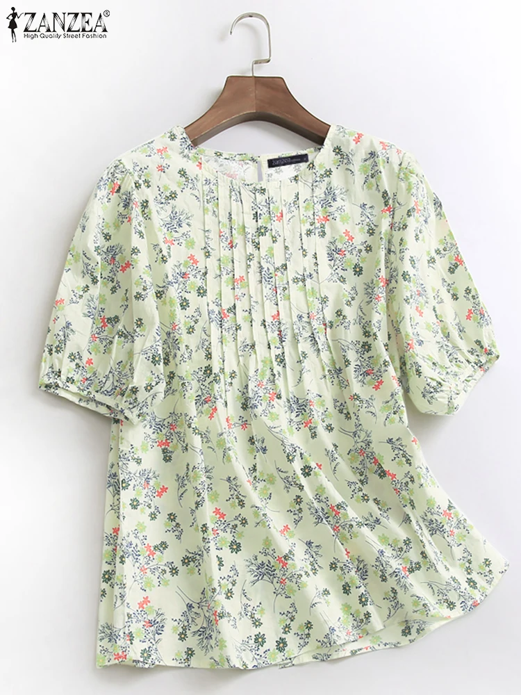 

Summer Bohemain Holiday Shirt ZANZEA Women Printed Floral Blouses Casual Short Sleeve Tunic Tops Pleated Blusas Loose Chemise