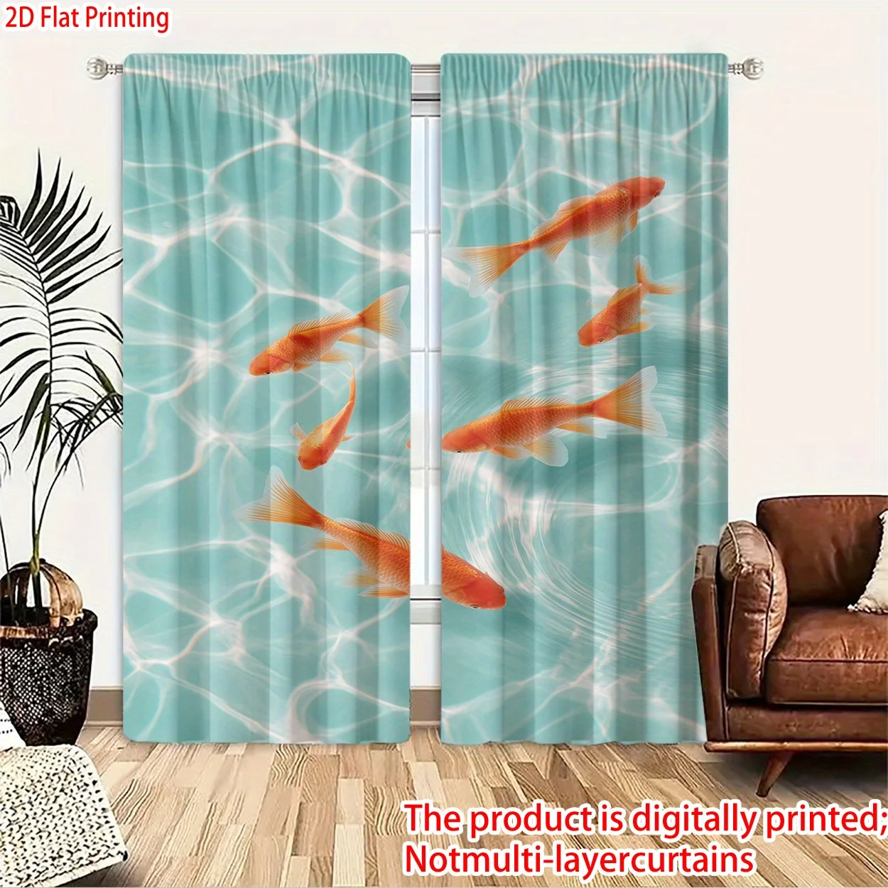 3D Goldfish Pond Curtain, Underwater Fish Swimming Blackout Drapes, Blue Water Ripple Window Treatment for Living Room Bathroom