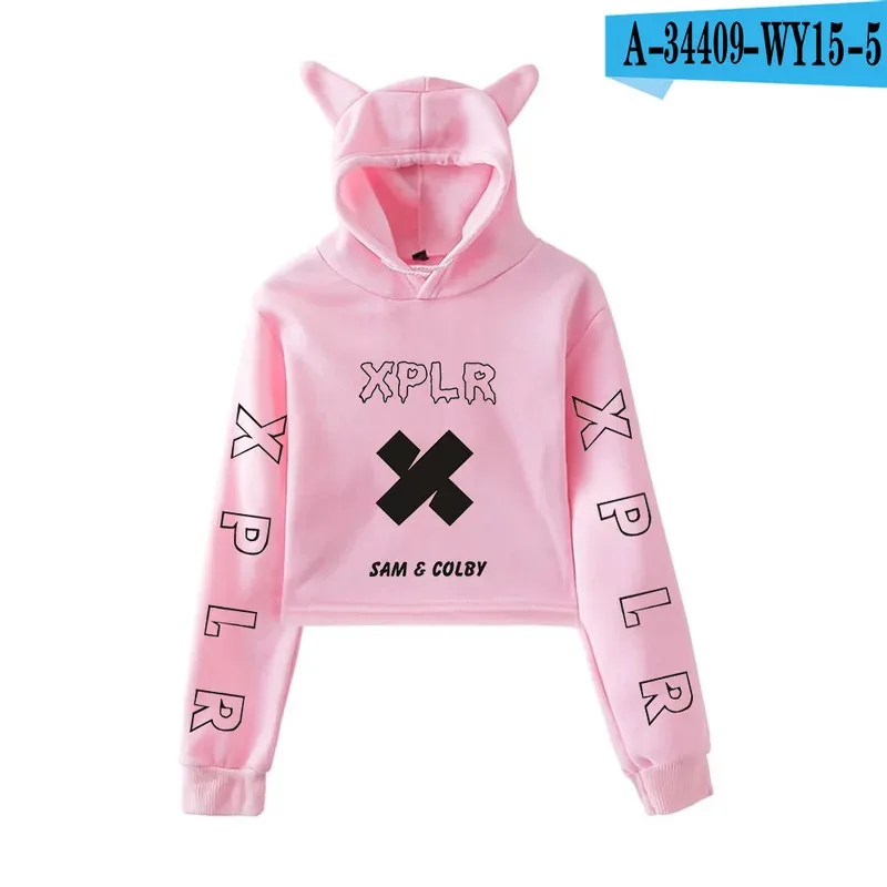 

dd12Sam and Colby XPLR Merch укороченный топ с капюшоном для девочек-подростков уличная одежда в стиле хип-хоп Kawaii кошачьи ушки Harajuku укороченный свитшот