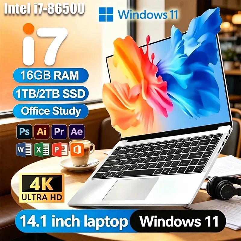 2026 HOT Ultra Slim 14.1" Laptop 32GB 2TB Windows 11 Intel Core i7 8650U Gaming Computer PC Gamer office Notebook 1920*1080 HD