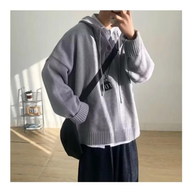 Men's Sweater Spring and Autumn Warm Loose Casual V-neck Base Sweater Soft Knitted Sweater Pocket Solid Color Hoodie
