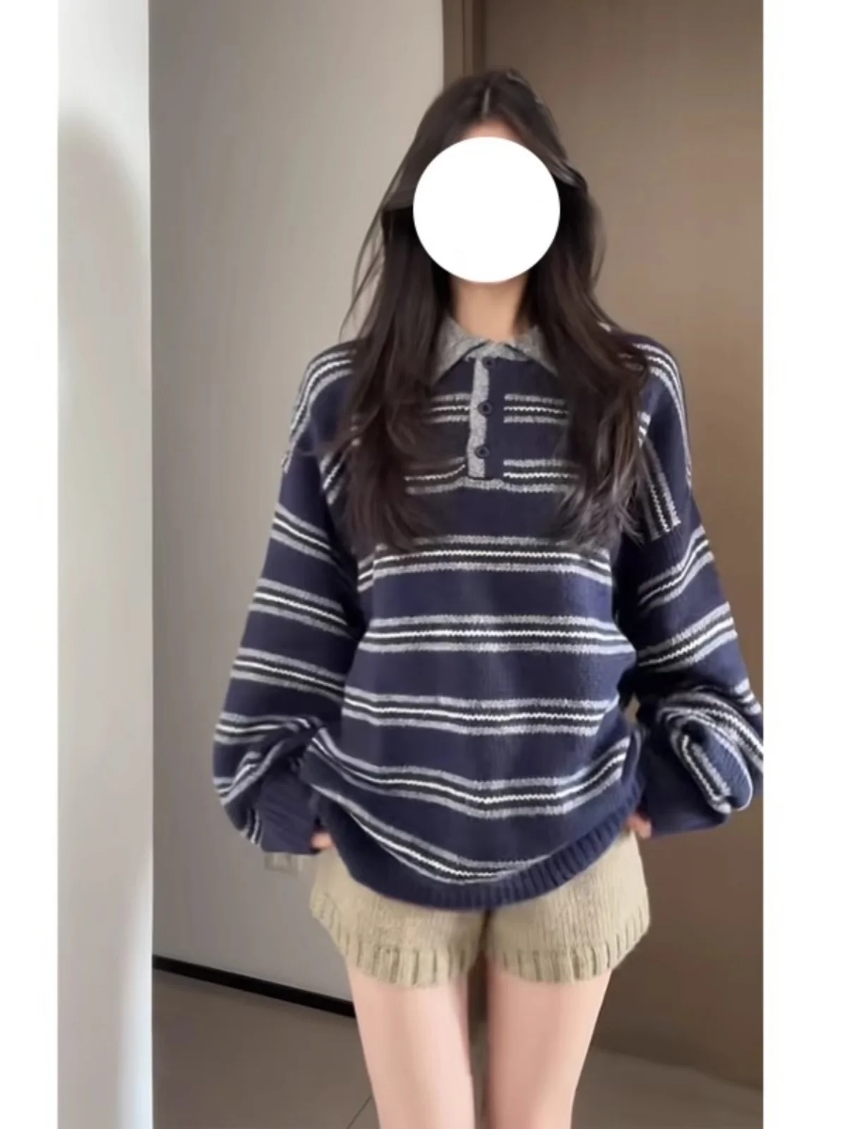 Retro American Striped  Ne Sweater Women's Loose Fit Autumn Winter Outerwear Lazy Sle Knitted Slimming Top