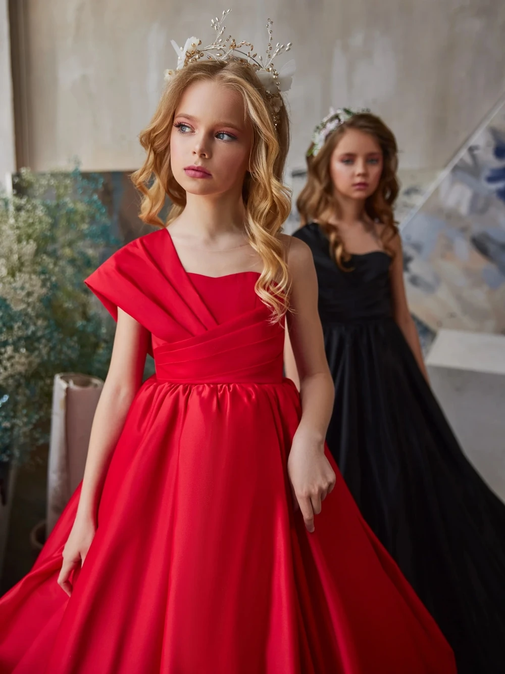 High Quality Graceful Children Satin A-line Long Dresses Banquet Party Wear Fashion One Shoulder Kids Princess Gown For Stage