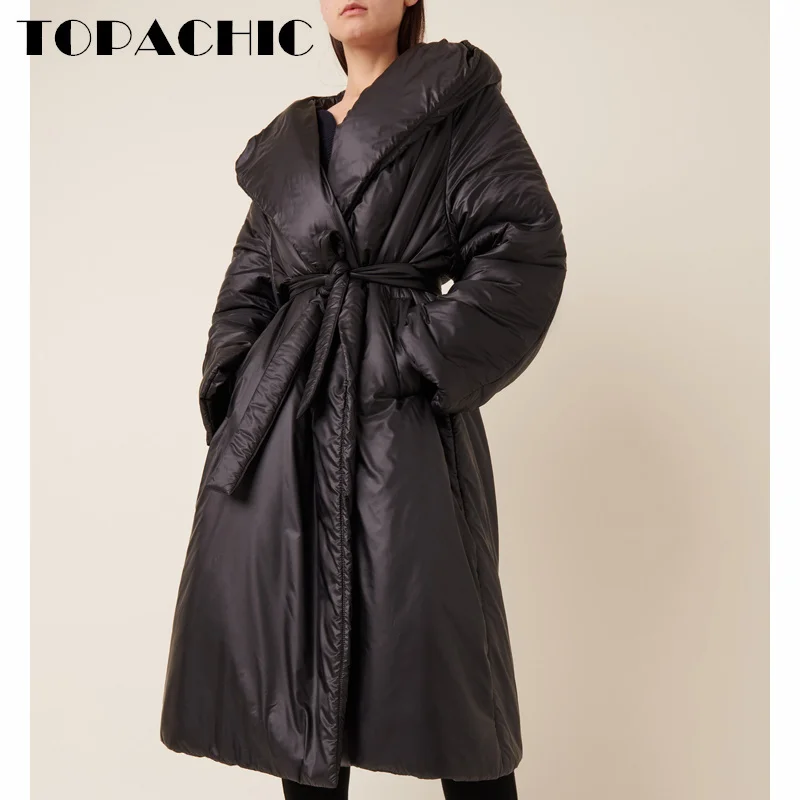 9.29 TOPACHIC-Women 2024 Winter New Thick Keep Warm Hooded Lapel Collar Parkas  With Belt Back Split Design Long Outerwear