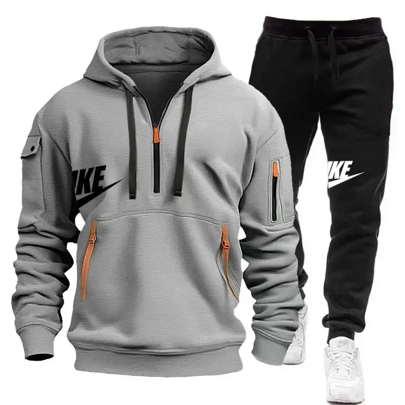 2024 new autumn and winter men's sports hoodie best-selling fashion outdoor jogging hooded multi-pocket zipper hoodie + trousers