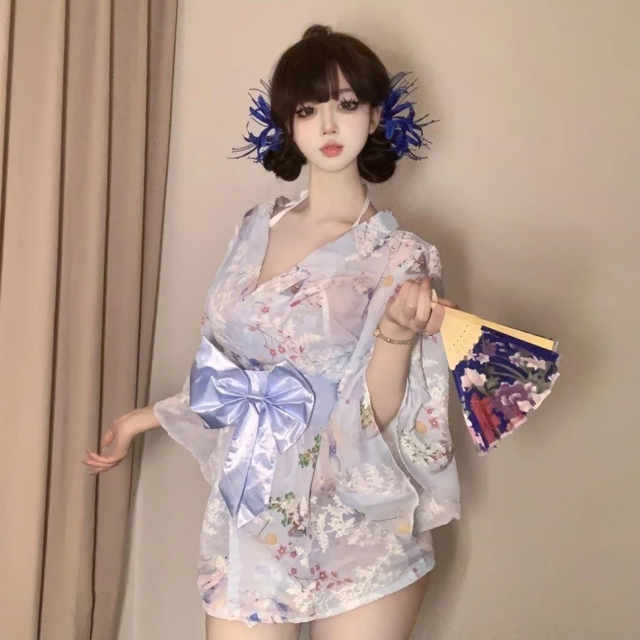 2026 뉴 도쿄 여신 소녀 스위트 보우 매력있는 프린트 자수 기모노 목욕 가운 시폰 나이트가운 매력적인 이너웨어 코스프레 의상 썸네일 4