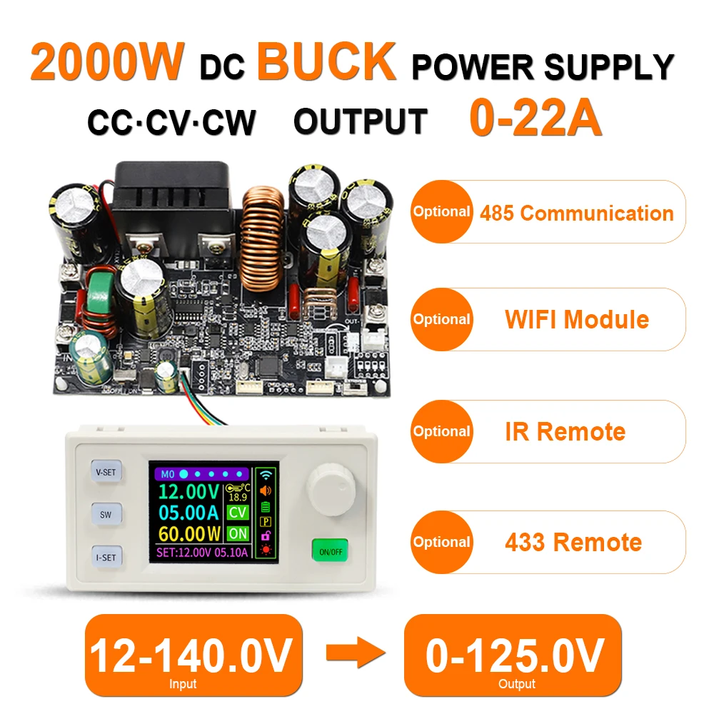 XY12522S 22A 2000W CNC DC Buck Power Supply CV CC CW Output 0-125V Adjustable Input 12-140V Regulated Power WIFI 485 IR 433