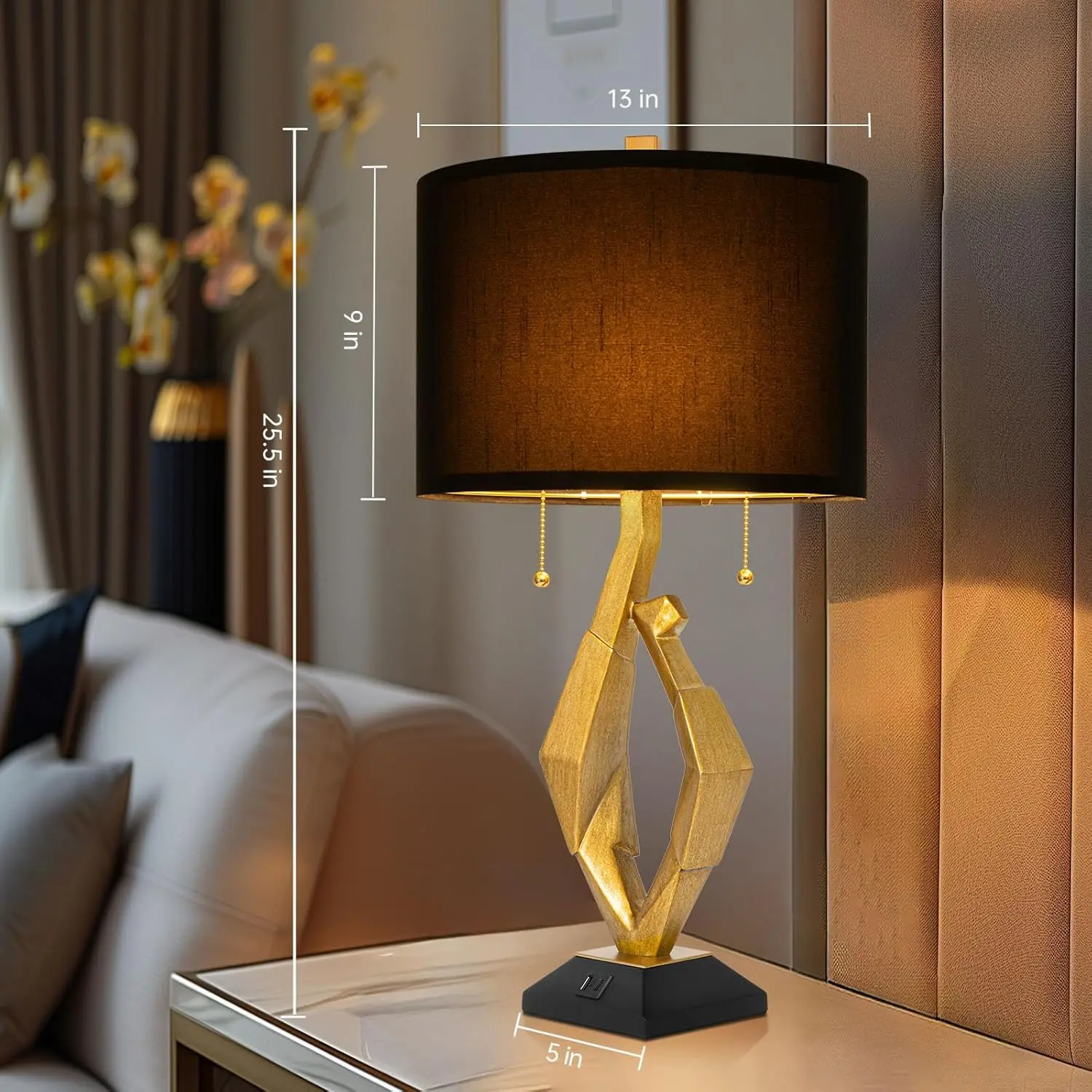 Modern Gold Table Lamp Set with USB Ports, Pull Chain Switch for Living Room Bedside Office