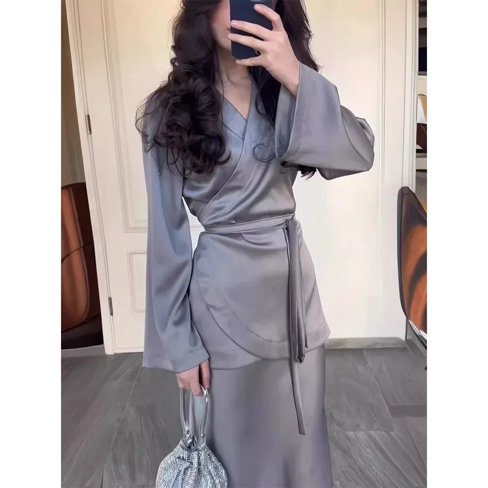 Eid women Set for woman Ramadan Satin Shirt with Skirt 2 Piece Bandage Musulman Ensembles Belt Dubai Outfit Robe Jalabiya 2024