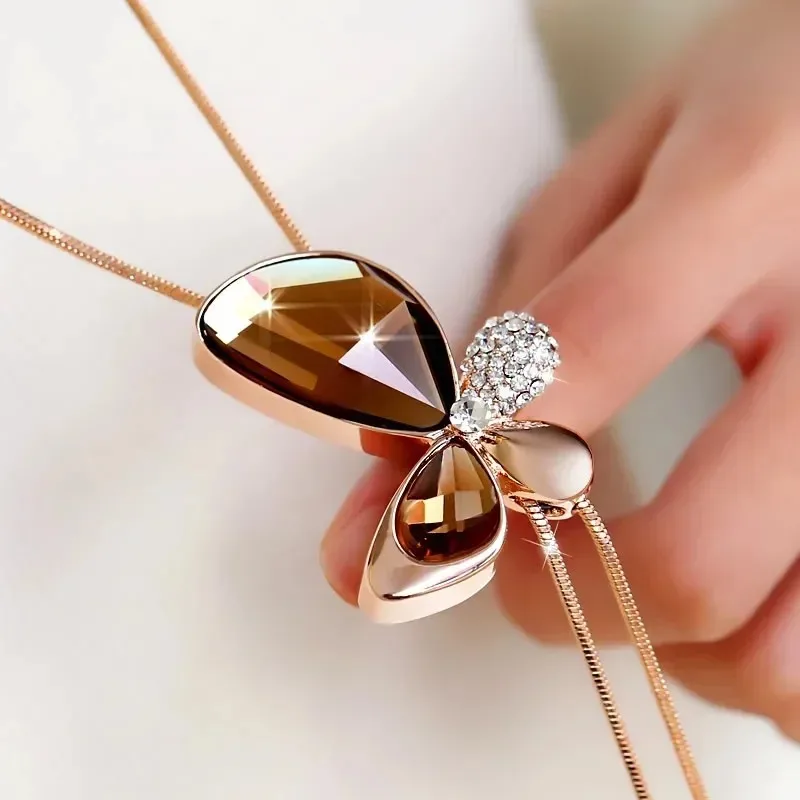 Korean Butterfly Crystal Pendant Necklace For Women Sweater Chain Snake Link Rose Gold Silver Color Charm Jewelry