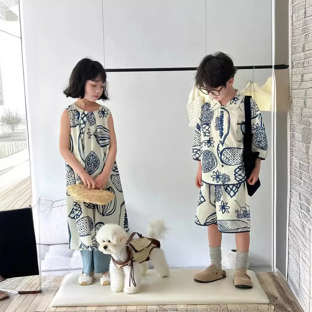 2024 Summer Sibling Look Clothes Set Cotton Tur Down Collar T-shirt+shorts Kid Boy Suit Loose Irregular Pattern Print Slip Dress