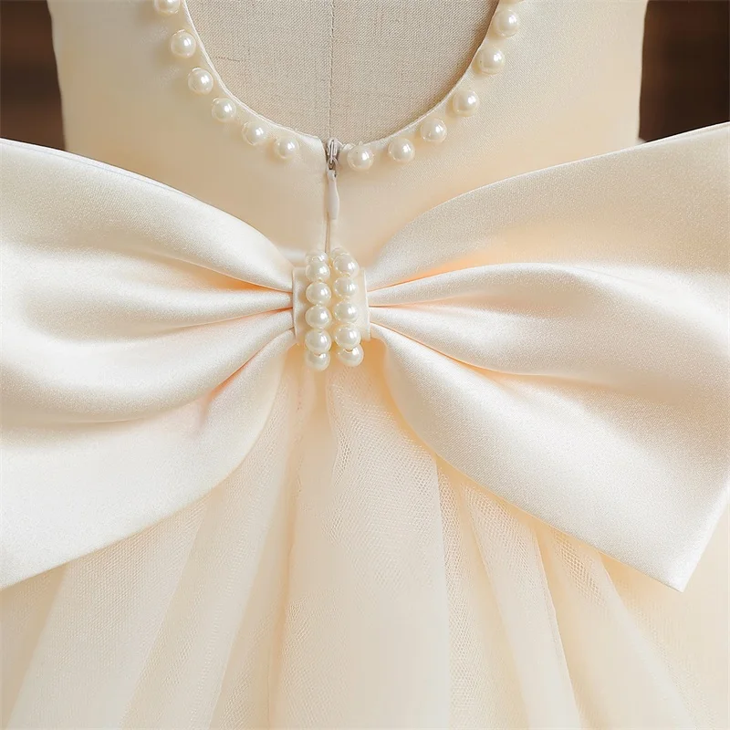 2024 Infant Baby Baptism Dress For Girls Kids Wedding Party Dresses Bow Beaded Tulle Christening Gown Birthday Children Clothes.