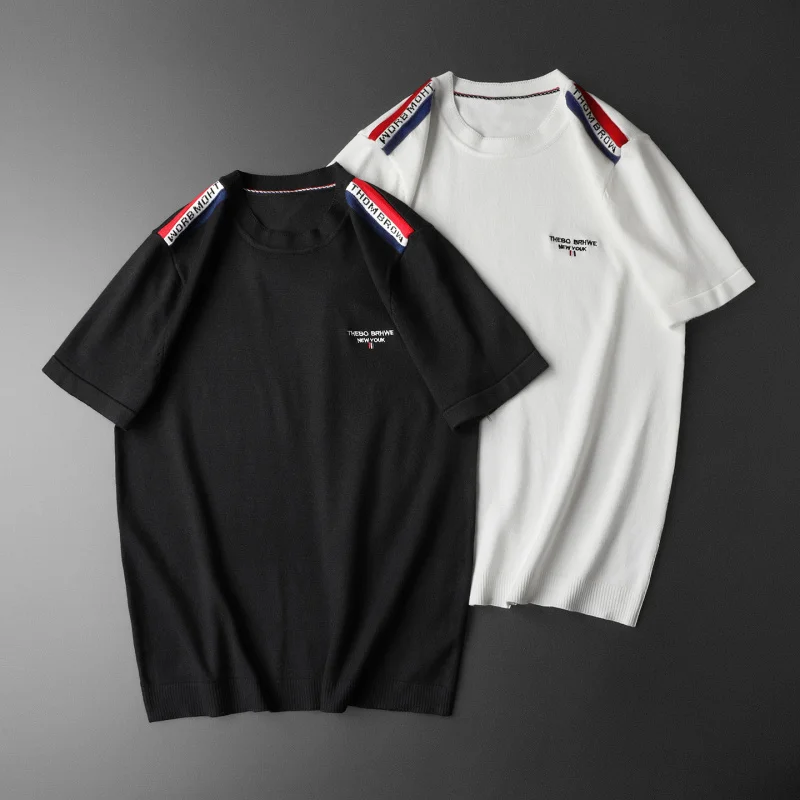 

Модный мужской вязаный шерстяной свитер с круглым вырезом, коротким рукавом, вышитой надписью, для повседневной носки, в городском стиле, молодежный крой