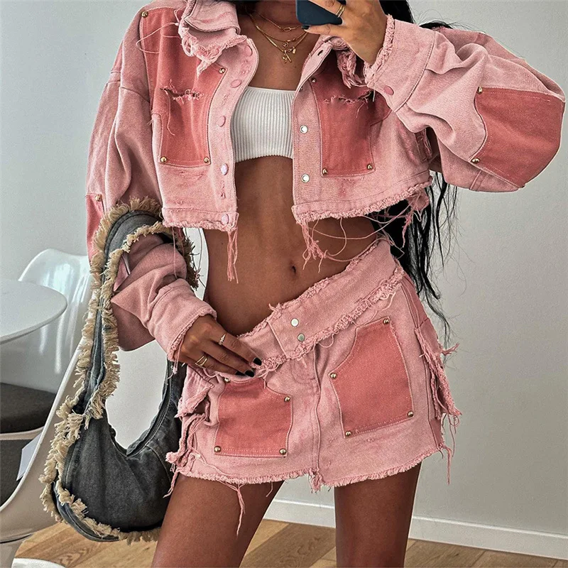 

Autumn Denim Beading Patchwork Mini Skirt and Long Sleeve Jacket Two 2 Piece Dress Sets for Women Streetwear Night Club Outfit