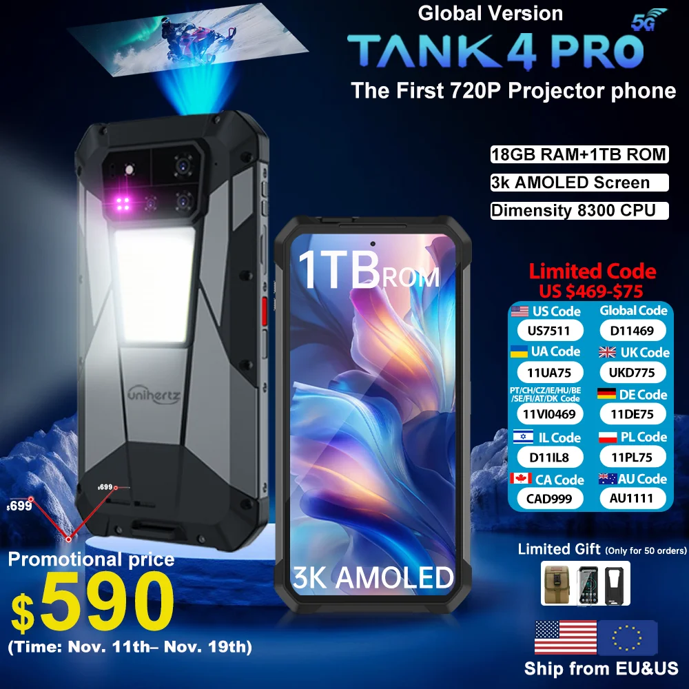 【World premiere】Unihertz by 8849 Tank 4 pro Smartphone 5G with 720P Projector Dimensity 8300 36GB+1TB Cellphone 3k AMOLED