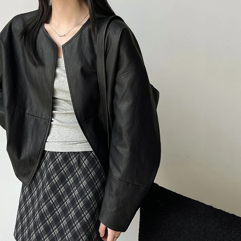 Jaqueta preta feminina solta estilo dinheiro antigo o pescoço couro do plutônio cardigan casaco outono novo minimalista casual topo