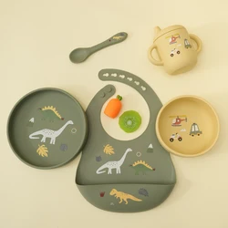5PCS Silicone Baby Feeding Set BPA Free Cartoon Plates Bowls Spoon Waterproof Bib Learning Cup Non-Slip Dishwasher Safe 6M+