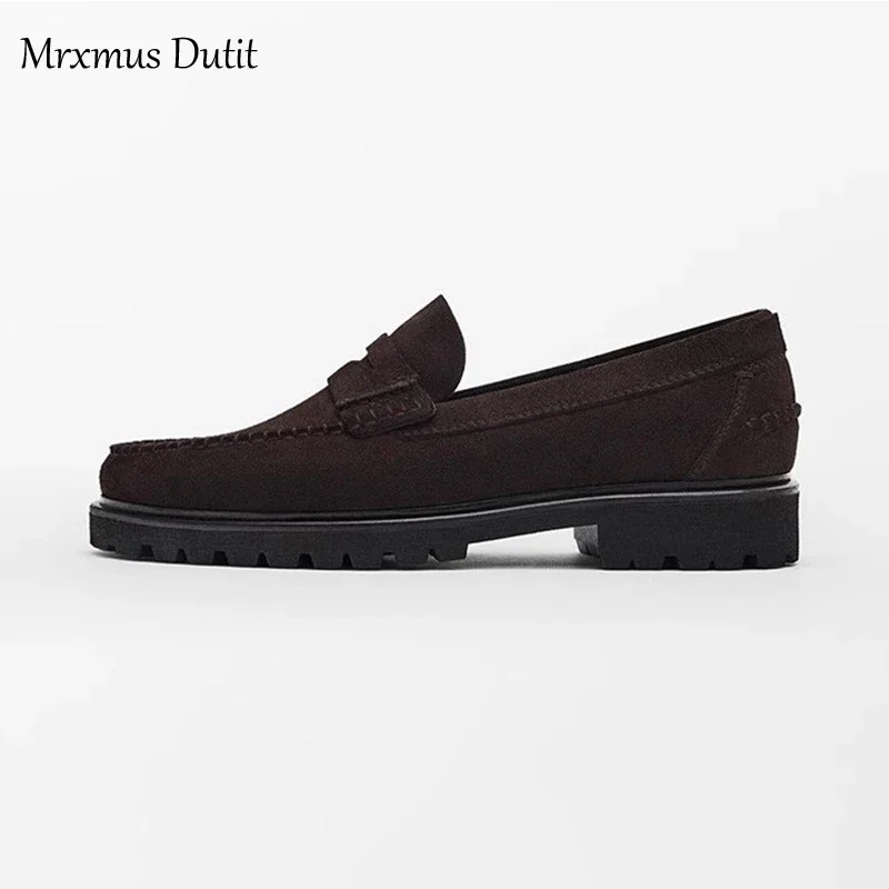 Mrxmus Dutit 2023 Autumn Fashion Men New Genuine Leather Suede Flat Loafers Commute Slip-on Shoes Solid Casual Simple Male Chic