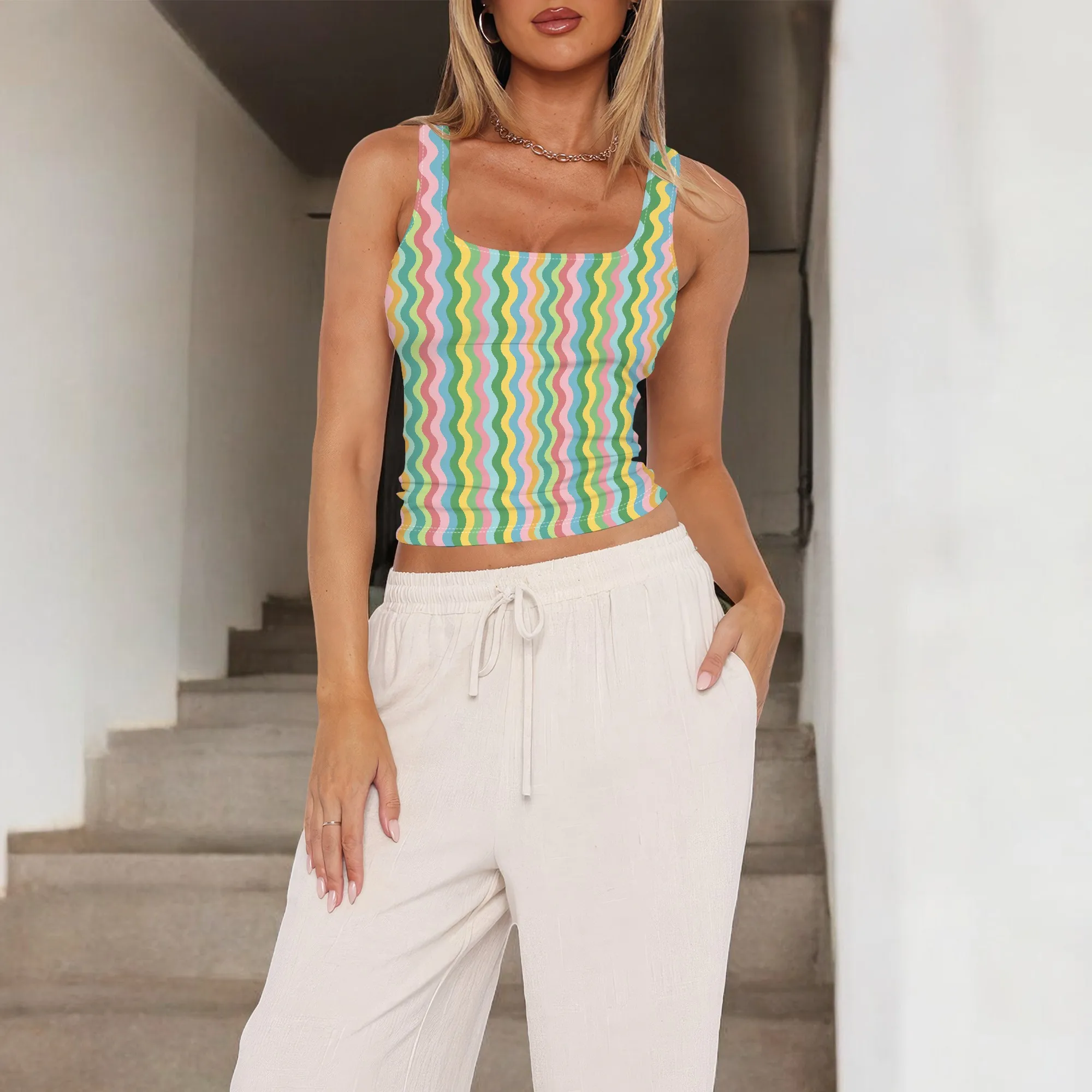 Canotta da donna senza maniche con scollo quadrato Top corto basic a doppio strato Top casual da allenamento fitness estivo