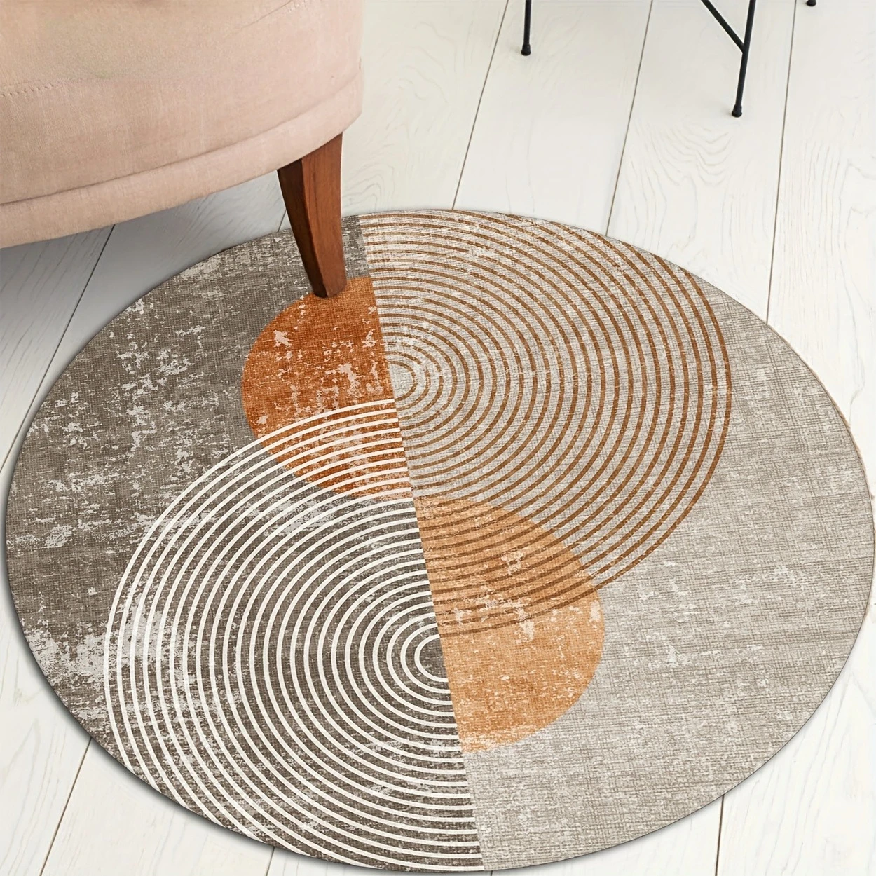 Mid Century Modern Split Concentric Circle Circular Area Rug  Neutral Orange Grey Textured Anti Slip Round Doormat Indoor Decor