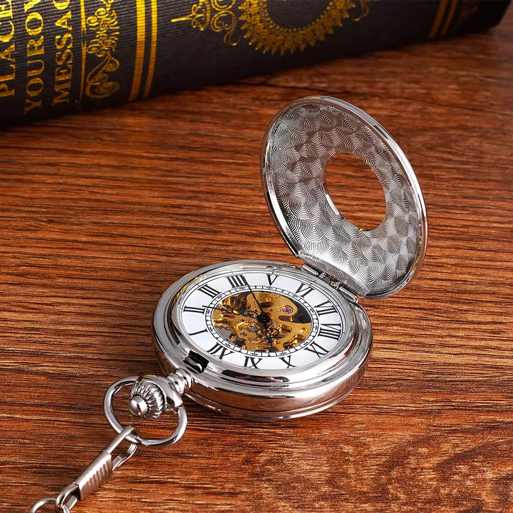 Large mechanical watch hollow Rome double open mechanical pocket watch thick chain chain pocket watch black silver