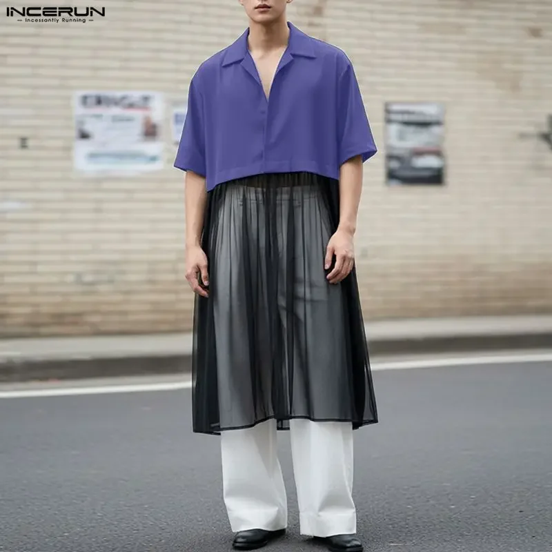 

INCERUN Men Long Style Shirt Mesh Patchwork See Through Male Tops Cardigan Short Sleeve Loose Fashion Streetwear Men Clothing