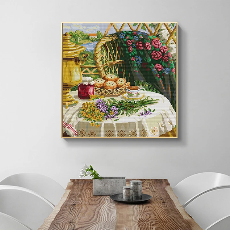 Afternoon Tea Still Life Pattern Cross Stitch Aida 14CT 11CT Count Canvas Fabric Embroidery DIY Hand Sewing Set Home Decor Gifts