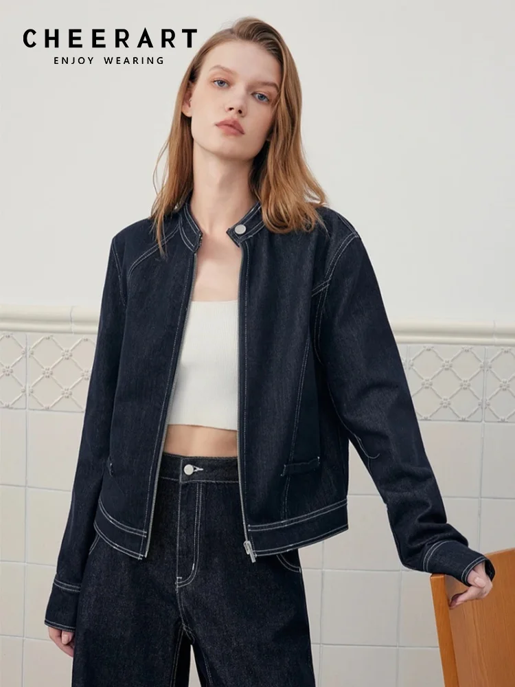 

CHEERART Fall 2025 Cropped Denim Jacket Woman Contrast Stitch Zip Up Coat Blue Jean Jackets High Fashion New In Outwears