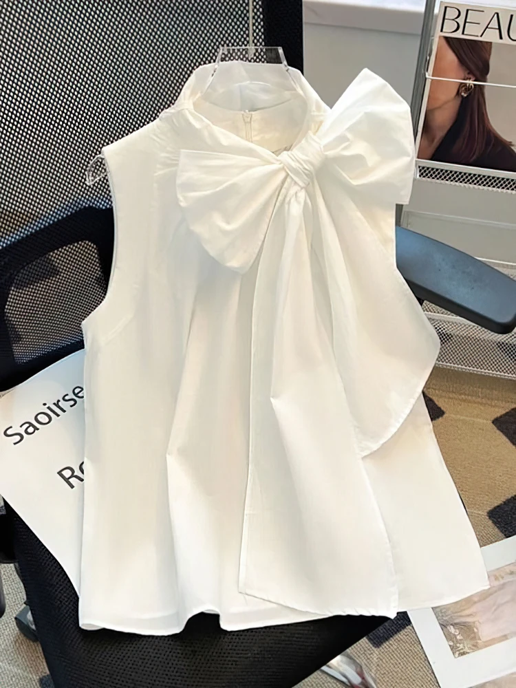 100% Cotton Sweet Luxury Front Bow Tied White Sleeveless T Shirt Women Loose Casual Ladies Basic Tank Top Office Korean Chic Tee