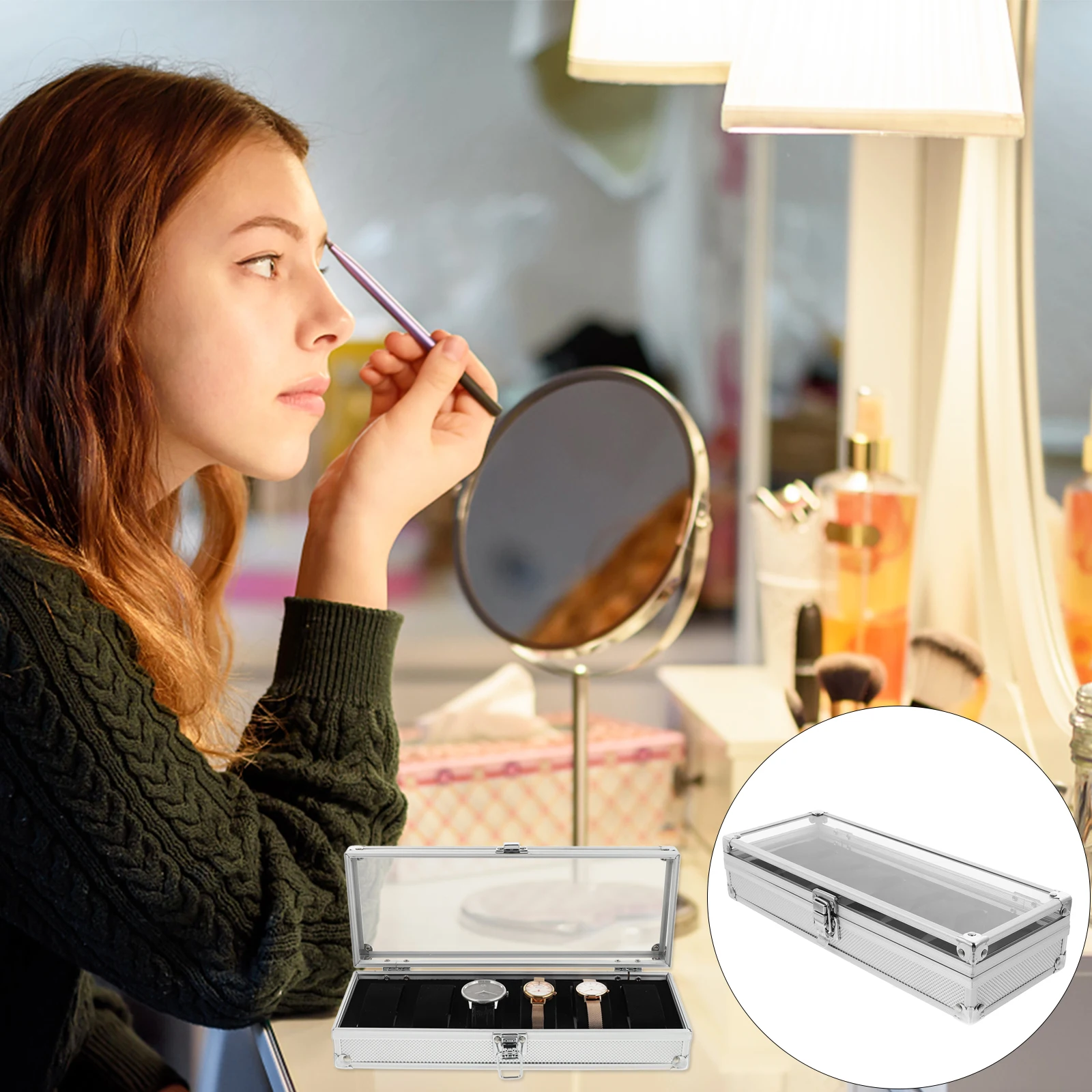 1Pcs Aluminium Watch Storage Box 5 Watches Transparent Window Lock Design Jewelry Organizer Silver Watch Box Jewelry Organizer