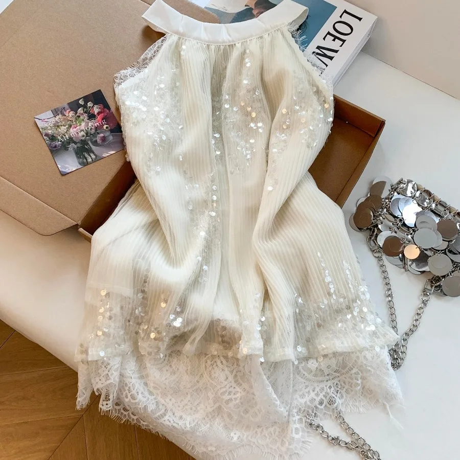 

Summer New Women's Sleeveless Neck Hanging Sequin Heavy Industry Pleated Shirt Sexy Loose Fit Cotton Blend Polyester Fiber