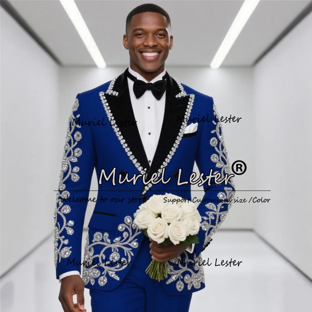 

Sparkly Crystals Beaded Suits Men For Wedding Black Peaked Lapel Prom Blazers Outfit 2 Pieces Groom Tuxedos Customized Clothing
