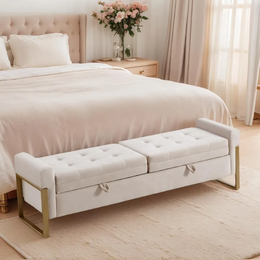 

67 Storage Bench for Bedroom King Size End of Bed Bench with Double Lids Upholstered Storage Ottoman Bench with Golden Metal Le