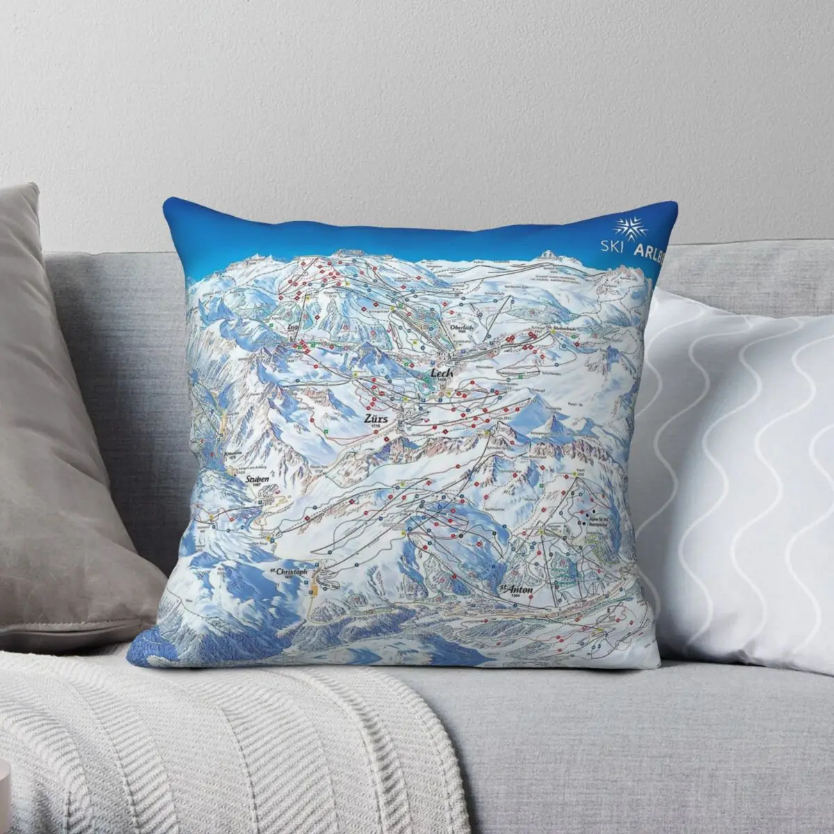 Arlberg Ski Area Map Square Pillowcase Polyester Linen Velvet Printed Zip Decorative Room Cushion Cover 45x45