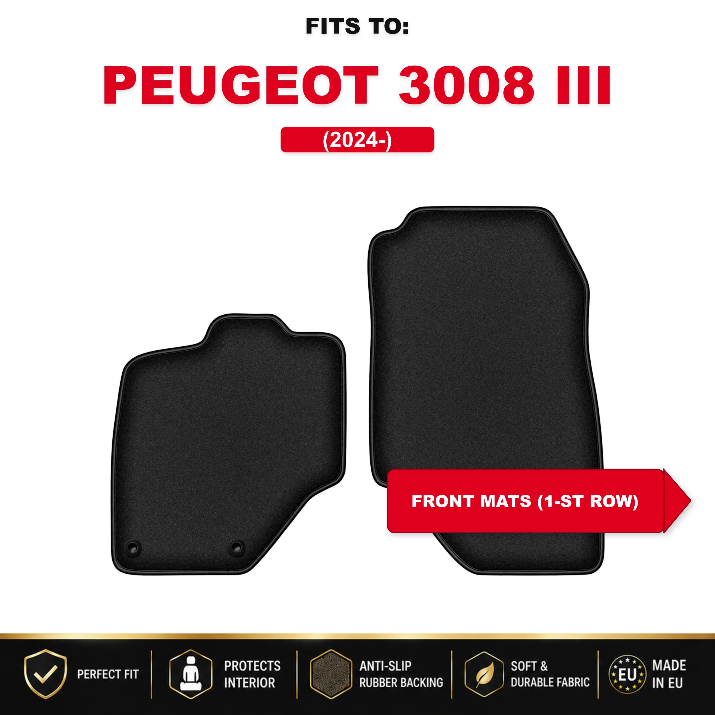 Voorste velours vloermatten, zwart, 2 stuks. Voor: Peugeot 3008 III 2024- PHEV set auto vloermatten voor de voorkant van de auto
