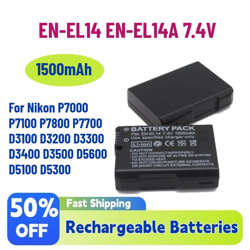 

EN-EL14 EN-EL14A 7.4V 1500mAh CAMERA BATTERY for Nikon P7000 P7100 P7800 P7700 D3100 D3200 D3300 D3400 D3500 D5600 D5100 D5300