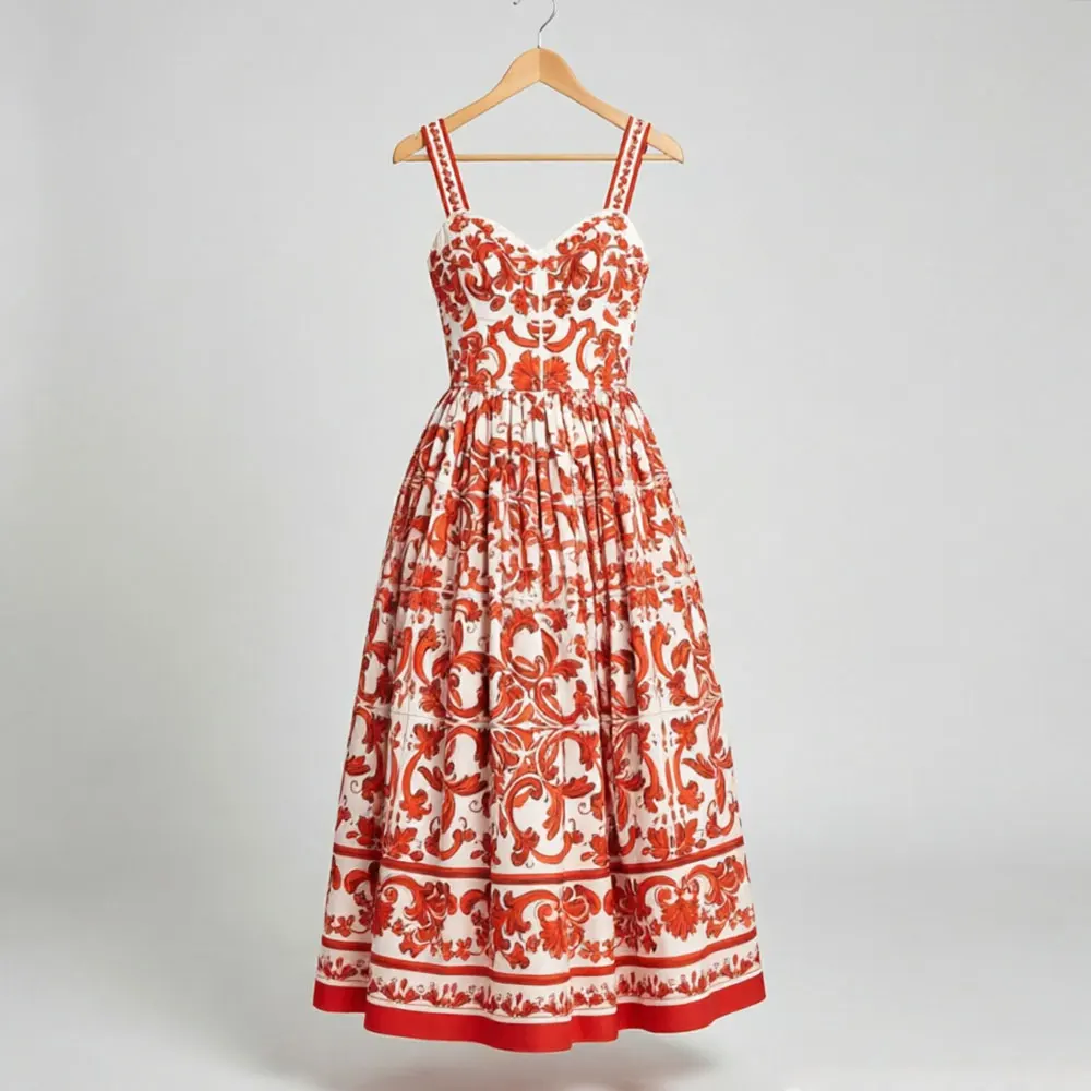 Luxuriöses Sizilianisches Keramikmuster-Print Damen V-Ausschnitt Trägerkleid, Hochgeschnittenes Plissiertes A-Linien-Kleid, Elegantes Urlaubs- und Partykleid