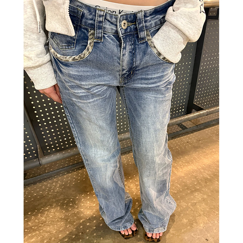 Women's Vintage Washed Flared Jeans with Leopard Print Patchwork Pocket Slim Trousers Y2K Style Casual Denim Pants Streetwear