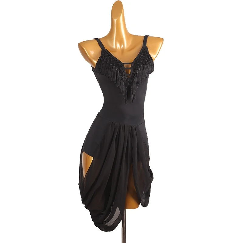Robe de danse latine pour femmes, Sexy, dos nu, avec pompons, vêtements d'entraînement, Chacha Samba, robe de concours de danse latine, DQL11140