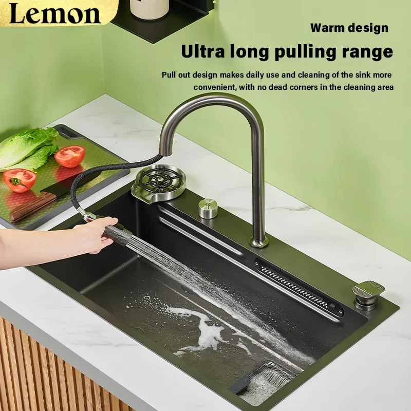 Stainless Steel New Kitchen Sink Multifunctional Household Sinks Waterfall Large Single Slot Dish and Vegetable Wash Basin