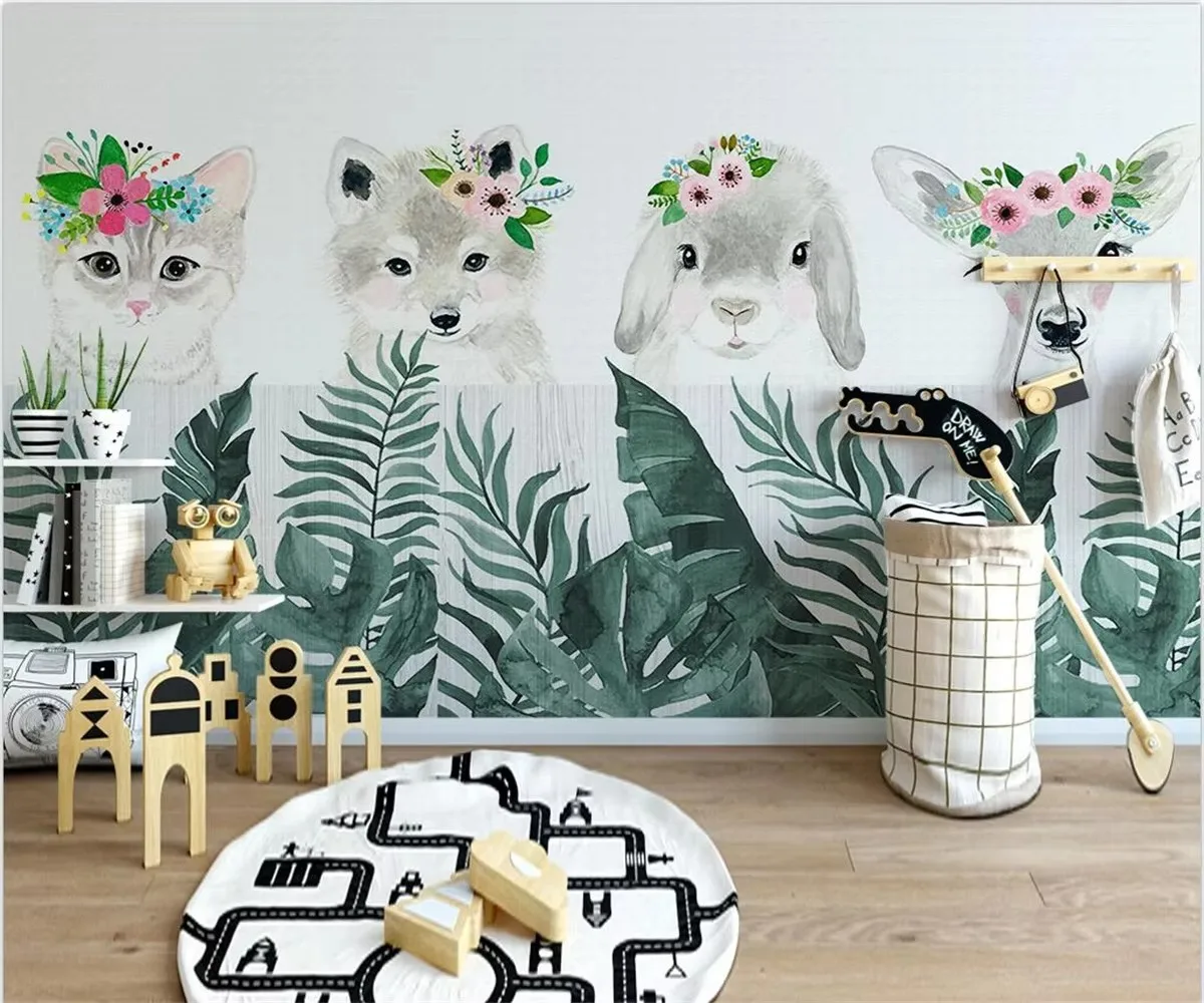 

Custom Wallpaper Cartoon Animals Green Plants Children's Room Back Murals Home Decor Living Room Bedroom Tapestry 3d Wallpaper