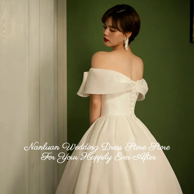 26 Styles Off Shoulder Bow Organza Wedding Dress Fold Sleeve A Line Sweep Train Lace Up Back Vestidos de Novia Customized