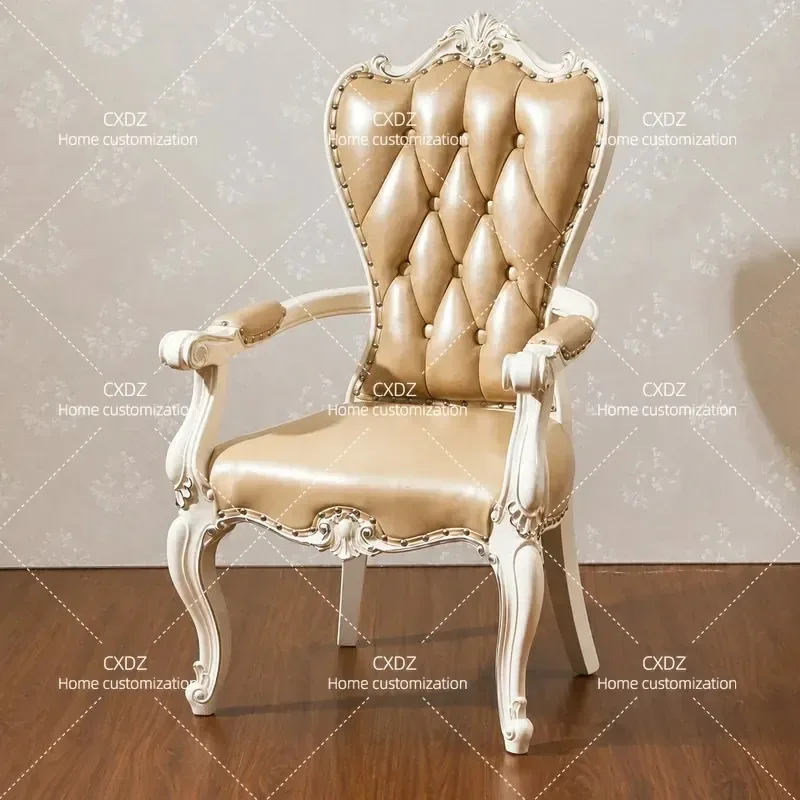 European Style Full Oak Leather Dining Chair White Double Sided Carved Dining Table and Chair Set for Hotel Home Office Desk