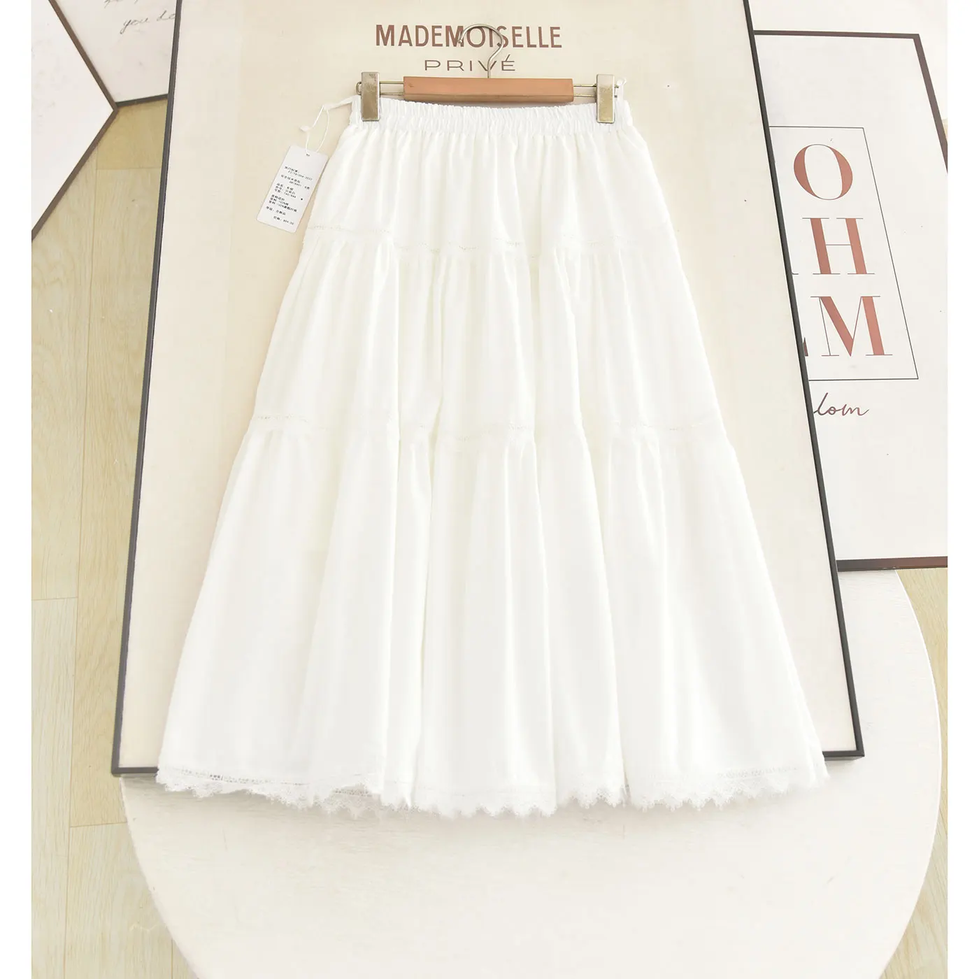 High Waist A-Line Midi Skirt White Lace Splicing Design Summer 2026 New Style Half Body Skirt Ladies Fashion Color Series