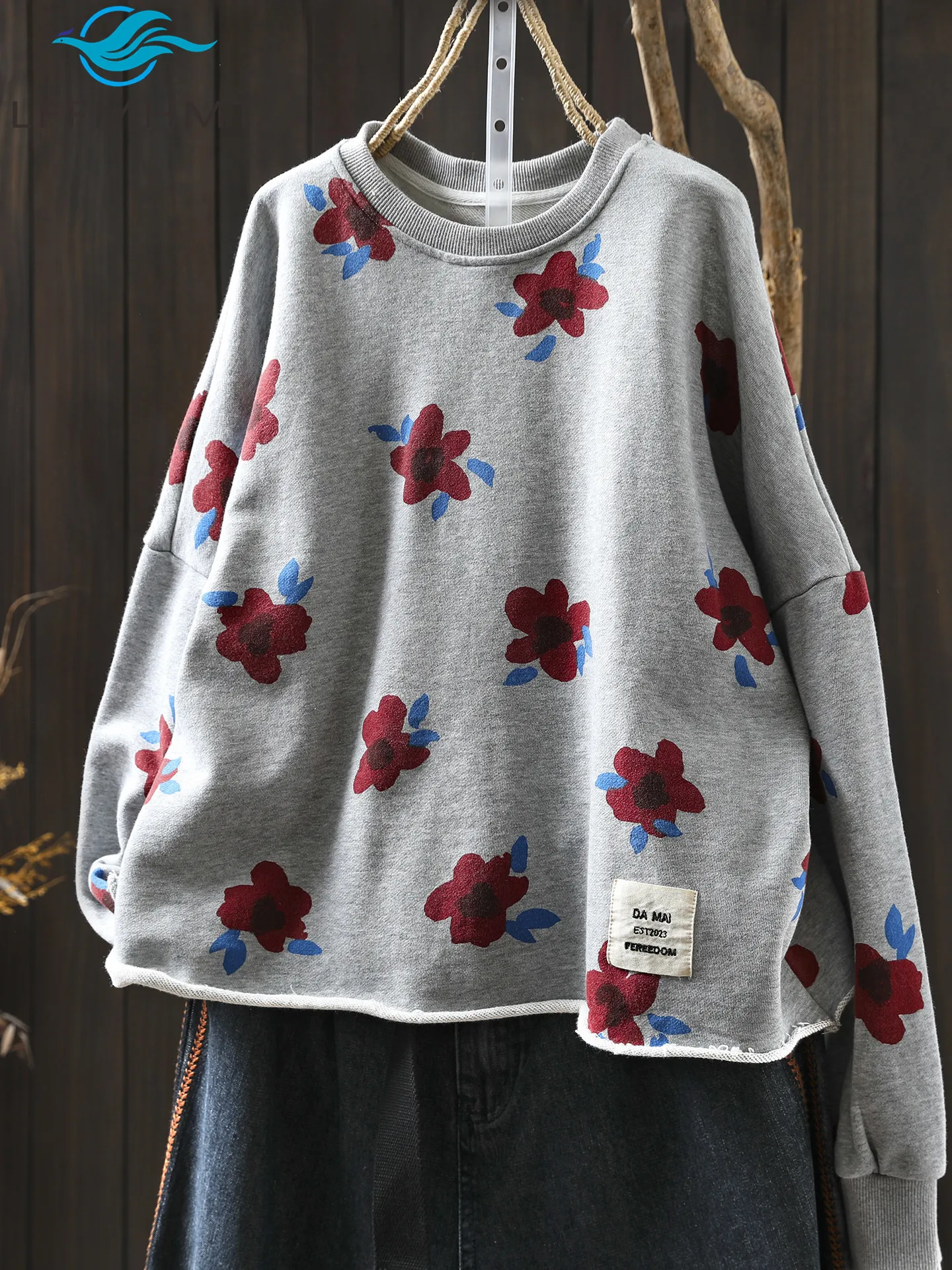 Women Floral Print Cotton Blend Sweatshirt Loose Cropped Long Sleeve Vintage Casual Layering Autumn Tops